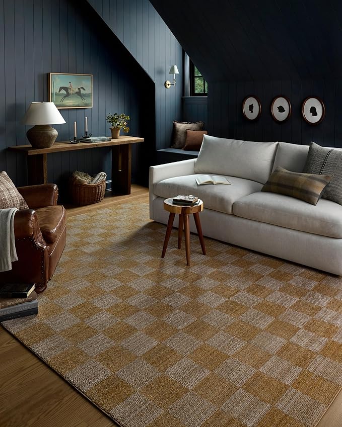 Loloi Chris Loves Julia Calvin Collection CLV-01 Apricot/Ivory 5'-3" x 5'-3" Round Area Rug Checkered Neutral Soft Living Room Bedroom Carpet