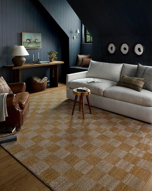 Loloi Chris Loves Julia Calvin Collection CLV-01 Apricot/Ivory 7'-10" x 10' Area Rug Checkered Neutral Soft Living Room Bedroom Carpet