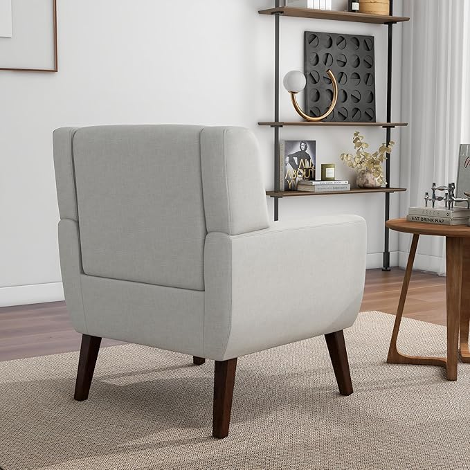 Accent Chair, Mid-Century Modern Fabric Chairs with Arms for Living Room, Comfy Upholstered Club Single Sofa Armchair for Bedroom Waiting Room with Solid Wood Frame (Fabric Beige, Set of 2)