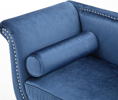 Christopher Knight Home Aurora Velvet Chaise Lounge Indoor with 2 Bolster Pillows, Upholstery Entryway Bench with Nailhead Trim & Curved Arms, End of Bed Bench Ottoman and Wooden Legs, Dark Blue
