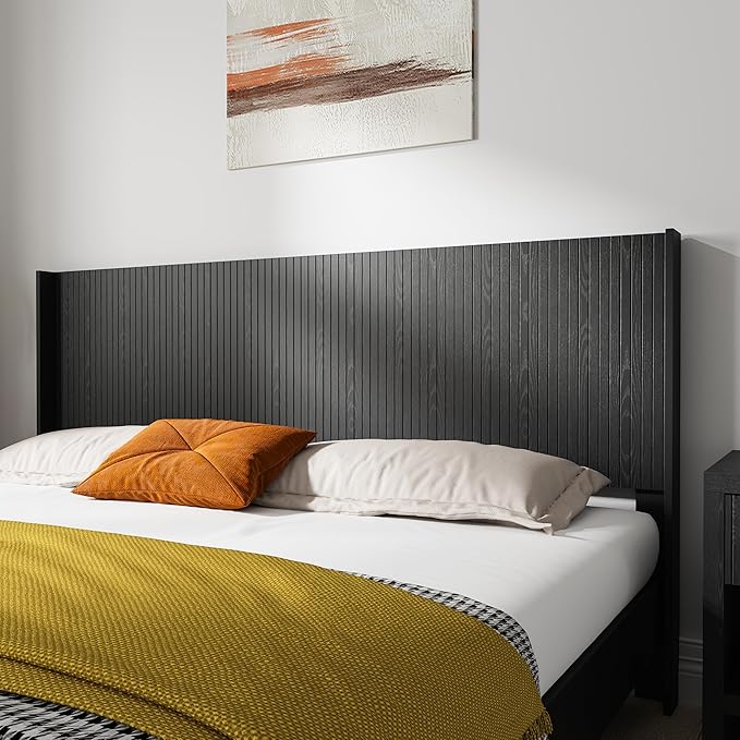 KEIKI Wooden Queen Size Headboard Only, 64.5" Wide Farmhouse Headboards with Wall Mounted Fluted Panel & Wingback for Bedroom, Black Oak