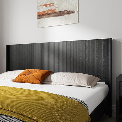 KEIKI Wooden King Size Headboard Only, 80.2" Wide Farmhouse Headboards with Wall Mounted Fluted Panel & Wingback for Bedroom, Black Oak
