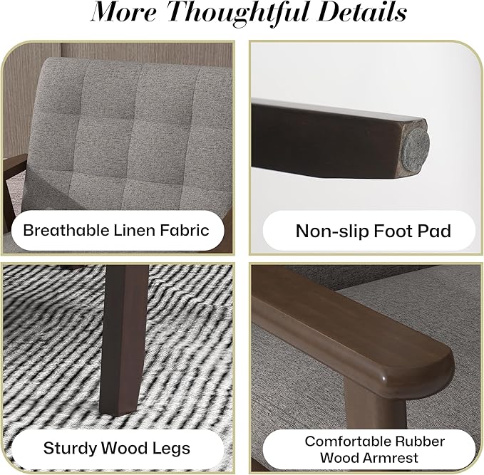KCC Mid-Century Modern Linen Fabric Accent Chair, Upholstered Leisure Chair Comfy Reading Side Chair with Armrest and Solid Wood Frame for Living Room Bedroom Balcony(Gray)