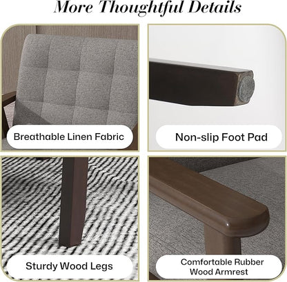 KCC Mid-Century Modern Linen Fabric Accent Chair, Upholstered Leisure Chair Comfy Reading Side Chair with Armrest and Solid Wood Frame for Living Room Bedroom Balcony(Gray)