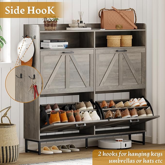 Shoe Cabinet Storage for Entryway, Shoe Storage Cabinet with 4 Flip Drawers, Freestanding Narrow Shoe Rack Organizer with Metal Legs, Adjustable Shelves & Open Storage for Foyer, Hallway, Grey