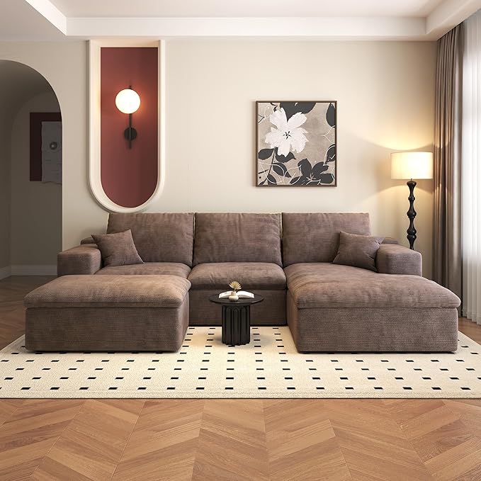 107'' U-Shaped Modern Modular Sectional Cloud Couch Whit Ottoman, 4-Seat Chenille Deep-Seat Sofa with Pillow for Living Room, Bedroom, Apartment, Camel
