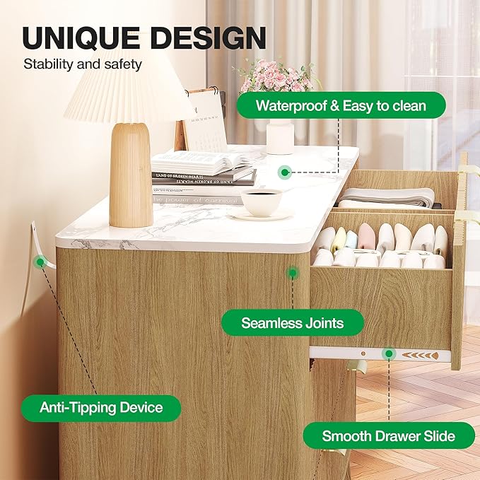 Fluted 6 Drawer Dresser, 47" Wide Chest of Drawers with Faux Marble Top, Modern Dresser TV Stand, Wood Closet Clothes Storage Organizer with Curved Edges for Bedroom, Living Room, Natural