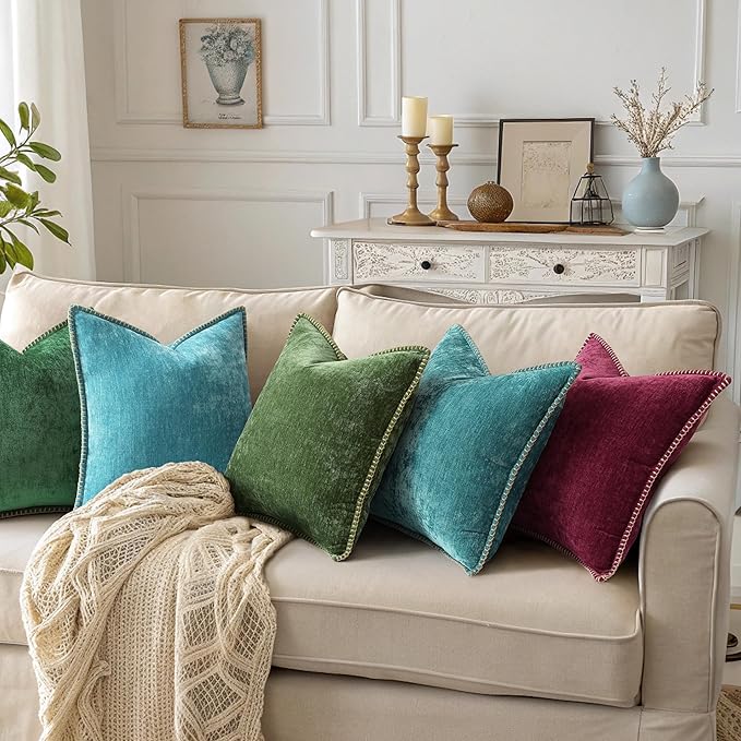 decorUhome Christmas Chenille Soft Throw Pillow Covers 16x16 Set of 2, Farmhouse Velvet Neutral Decorative Euro Pillow Covers with Stitched Edge for Couch Sofa Bed Home Decor, Green