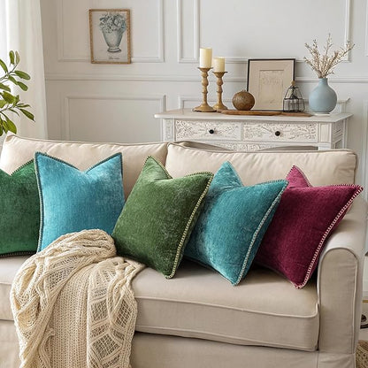 decorUhome Christmas Chenille Soft Throw Pillow Covers 16x16 Set of 2, Farmhouse Velvet Neutral Decorative Euro Pillow Covers with Stitched Edge for Couch Sofa Bed Home Decor, Green