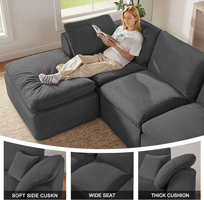 112" Cloud Sectional Couch, Boneless Couches for Living Room, U Shaped Couch with Convertible Ottoman, Modular Sectional Sofa with Deep Seat, Comfy Soft Cushions, No Assembly, Gray