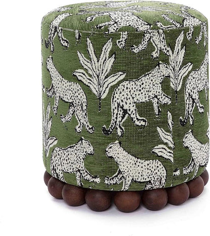 First of a Kind Ottoman Foot Rest - Olive Green Round Ottoman Stool with Solid Wood Spherical Orbs - 15.7" W x 15.7" D x 18.3" H - Handmade, Easy Clean, 330 lbs Weight Capacity