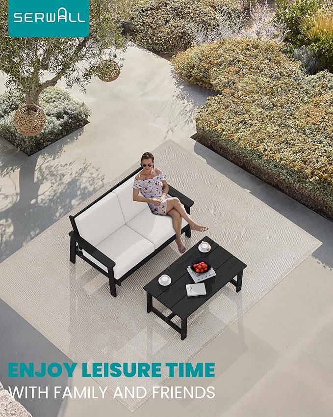 SERWALL HDPE Outdoor Patio Loveseat, Black Frame and Khaki Cushion