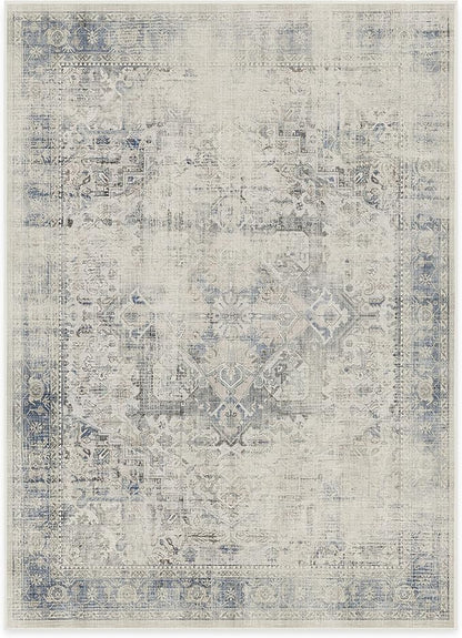 RUGGABLE Washable Vintage Area Rug – Kamran Blue Quartz 5x7, Stain-Resistant, Non-Slip – Medium Machine Washable Rugs for Living Room, Bedroom, Hallway, Entryway & Office–with Standard Pad