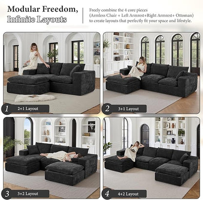 108" Sectional Couches for Living Room Boneless Couch Upholstered Cloud Couch Sectional Modular Sectional Sofa with L Shaped (Chenille-Black, 3 Seat+2 Ottoman)