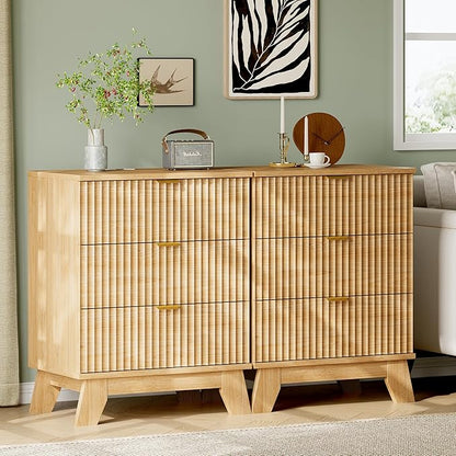 Fluted Nightstand with Charging Station, 24" Wide Bedside Table with 3 Large Storage Drawers, Modern Wood Side Table Night Stand, End Table Small Dresser for Bedroom, Living Room, Dorm, Natural Oak
