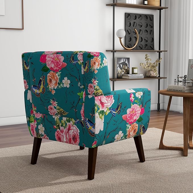 Accent Chair, Modern Linen Blend Arm Chair for Living Room, Bedroom, Comfy High-Resilient Sponge Reading Chair for Small Spaces (Pattern Floral Blue, Set of 1)