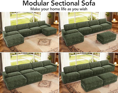 Sunny Heart 160" U-Shaped Modular Sectional Sofa, Oversized Cloud Couch with Movable Ottoman, 6-Seat Chenille Deep Seat Sofa with Pillow, Sectional Couches for Living Room, Apartment, Green