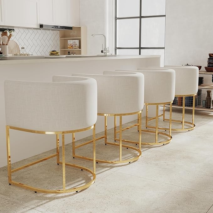 Contemporary Cream Linen Bar Stools Set of 4, 24" Upholstered Fabric Counter Height Barstools Kitchen Counter Island Stools with Golden Metal Base