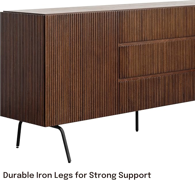 NTC Veil Large Sideboard with 2 Doors and 3 Drawers, Buffet Cabinet with Vertical Groove Design and Metal Legs, Storage Cabinet for Living Room, and Entryway, Effortless Assembly - Dark Walnut