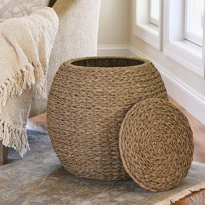 Household Essentials Handwoven Seagrass Barrel Wicker Storage Basket Side Table, Natural