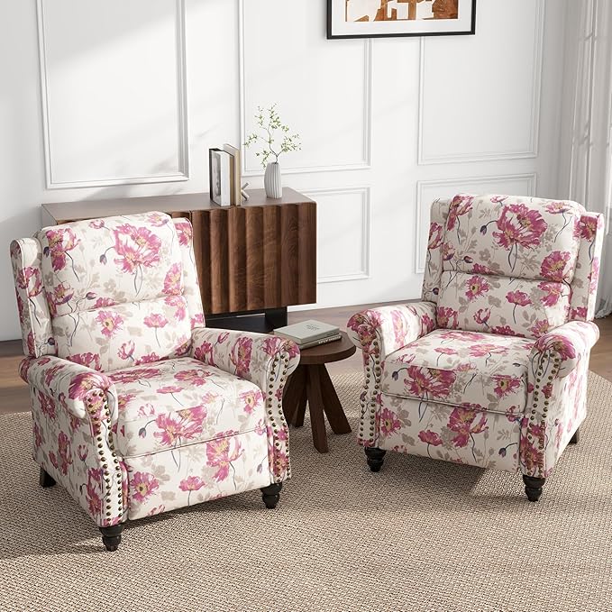 UIXE Floral Pushback Recliner Chairs Set of 2, Fabric Overstuffed Armchair Push Back Accent Chair for Living Room, Rivet Trim Club Chair Home Theater Single Sofa Bedroom Reading Seat