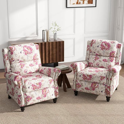 UIXE Floral Pushback Recliner Chairs Set of 2, Fabric Overstuffed Armchair Push Back Accent Chair for Living Room, Rivet Trim Club Chair Home Theater Single Sofa Bedroom Reading Seat
