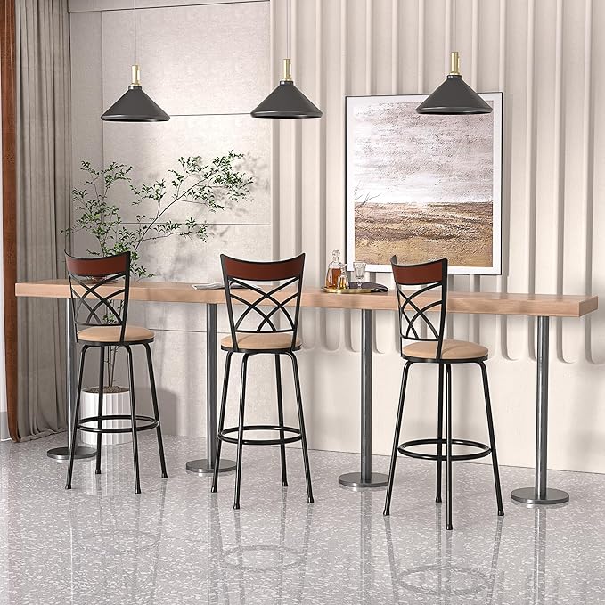 VECELO Barstools, Adjustable Counter Stools,Steel Bistro Pub Chairs,Bar Stools with 360 Degree Swivel Cushion Seat, Wood Top Rail Backrest, Set of 4