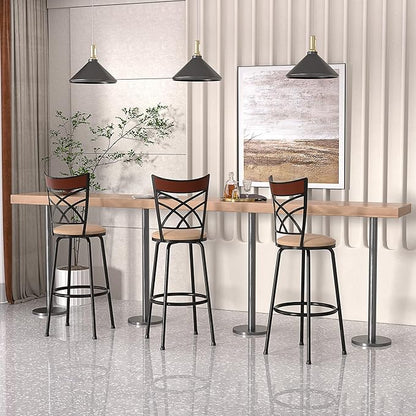 VECELO Barstools, Adjustable Counter Stools,Steel Bistro Pub Chairs,Bar Stools with 360 Degree Swivel Cushion Seat, Wood Top Rail Backrest, Set of 4