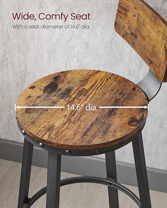 VASAGLE Bar Stools Set of 4, Bar Height Stools, 28.9 Inches Counter Barstools Chairs with Back for Dining Kitchen Island, Steel Frame, Industrial Style, Easy Assembly, Rustic Brown and Ink Black
