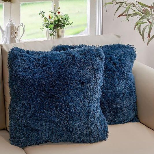 Cheer Collection Throw Pillows for Couch and Bed, Soft Shaggy Throw Pillows with Inserts Included, Cozy Long Hair Faux Fur Pillows - Set of 2-18" x 18" - Navy Blue