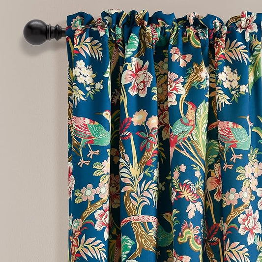 Lush Decor Dolores Light Filtering Window Panels, Pair, 52" W x 63" L, Navy & Multi - Toile Curtains - Floral Bird Print - Grandmillennial & French Country Curtains - Cottage & Maximalist Home Decor
