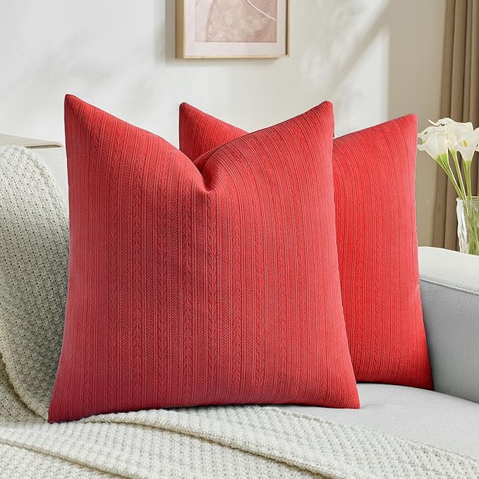 FUTEI Christmas Red Decorative Throw Pillow Covers 24x24 Inch Set of 2,Soft Cozy Wheat Ear Striped Patterns European Cushion Cases,Modern Home Decor for Couch Bed Living Room