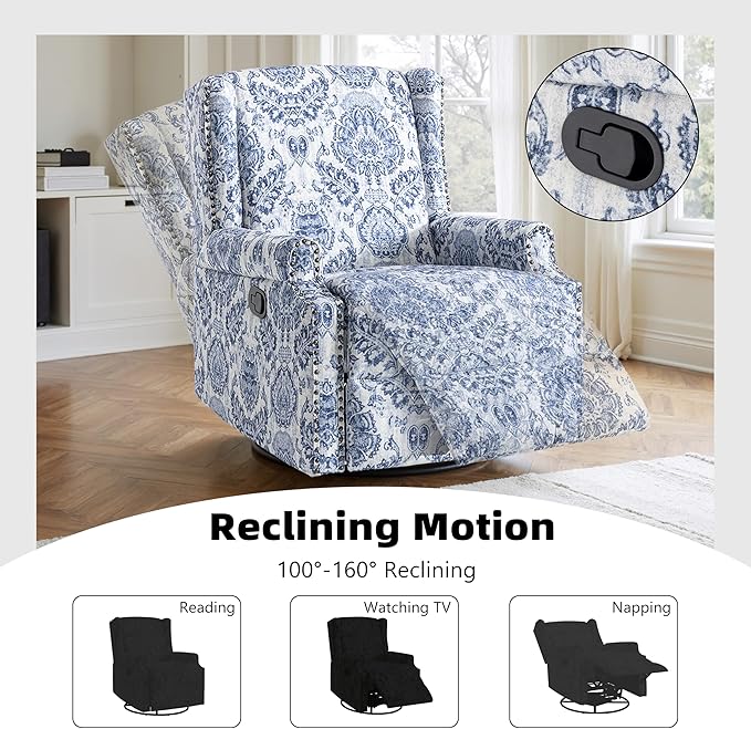 Premium 360° Swivel Recliner Chair with Footrest - Luxurious Cotton Linen & Botanical Design-Bule Pattern