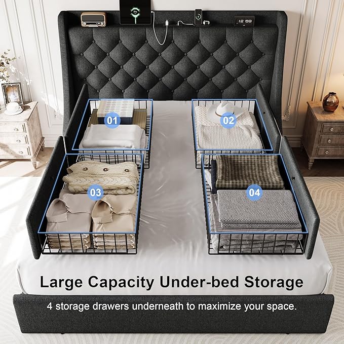 Full Size Upholstered Platform Bed Frame with 4 Storage Drawers and Charging Station, Linen Button Tufted Wingback Headboard, Sturdy Wooden Support Slats, No Box Spring Needed, Dark Grey