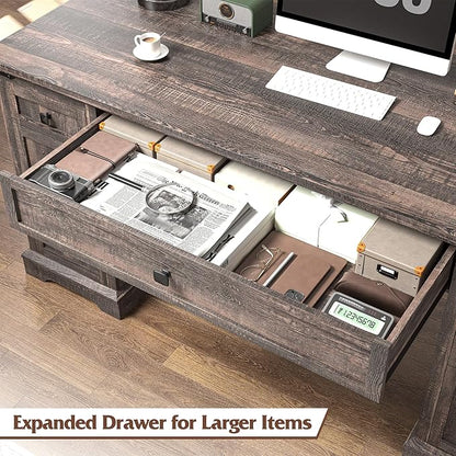 EnHomee 58" W Farmhouse Executive Desk with Drawers, Wood Home Office Desks with Power Outlets, Rustic Computer Desk with Storage Cabinet for Working, Studying, Writing, Dark Rustic Oak