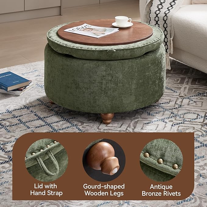 30Inch Round Storage Ottoman with Tray, Modern Tufted Circle Coffee Table with Storage, Upholstered Ottoman with Removable Top for Living Room, Bedroom, Chenille Green