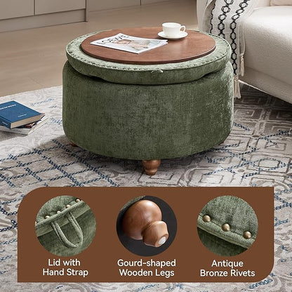 30Inch Round Storage Ottoman with Tray, Modern Tufted Circle Coffee Table with Storage, Upholstered Ottoman with Removable Top for Living Room, Bedroom, Chenille Green
