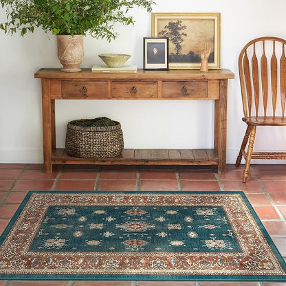 RUGGABLE Washable Vintage Area Rug – Verena Teal Blue 4x6, Stain-Resistant, Non-Slip – Medium Machine Washable Rugs for Living Room, Bedroom, Hallway, Entryway & Office–with Standard Pad