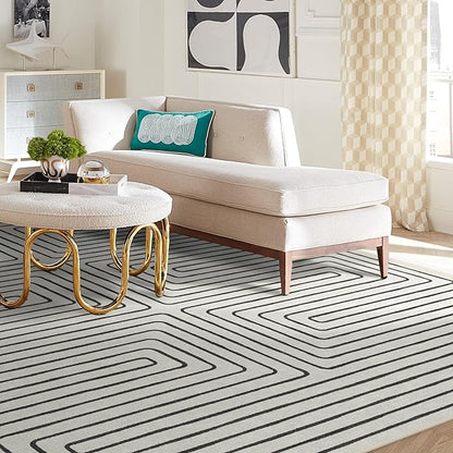 RUGGABLE x Jonathan Adler Machine Washable Modern Area Rug – Labyrinth Black/Ivory 8x10, Stain-Resistant, Non-Slip – Large Rugs for Living Room, Bedroom, Hallway, Entryway & Office–with Cushioned Pad