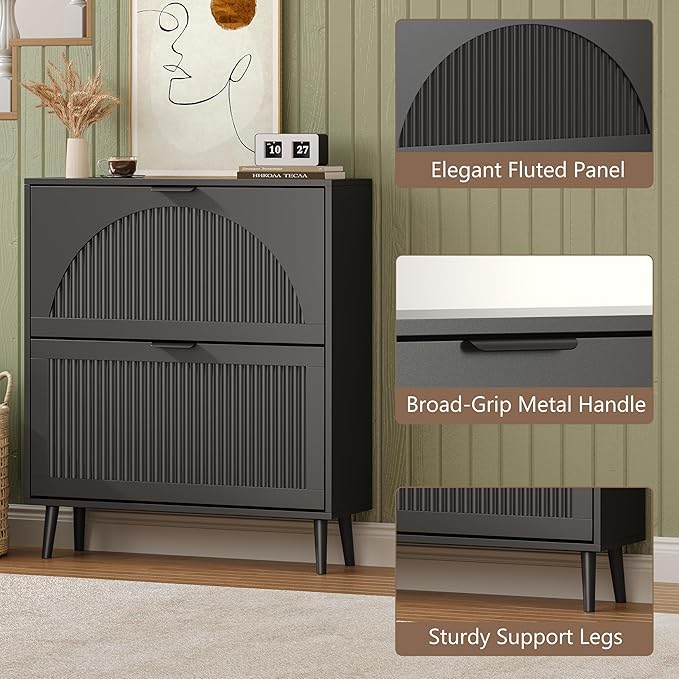 Shoe Cabinet for Entryway with 2 Flip Drawers, Slim Wooden Shoe Storage Organizer with Modern Fluted Pannel，Freestanding Narrow Hidden Shoe Rack for Hallway, Foyer, Living Room