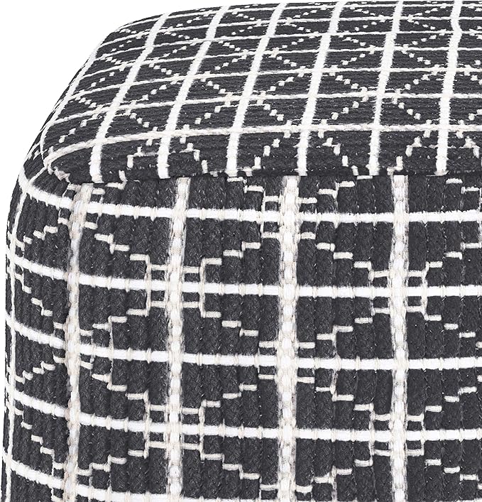 SIMPLIHOME Noreen Boho Square Pouf in Slate Grey and White Handloom Woven Pattern for the Living Room, Bedroom and Kids Room