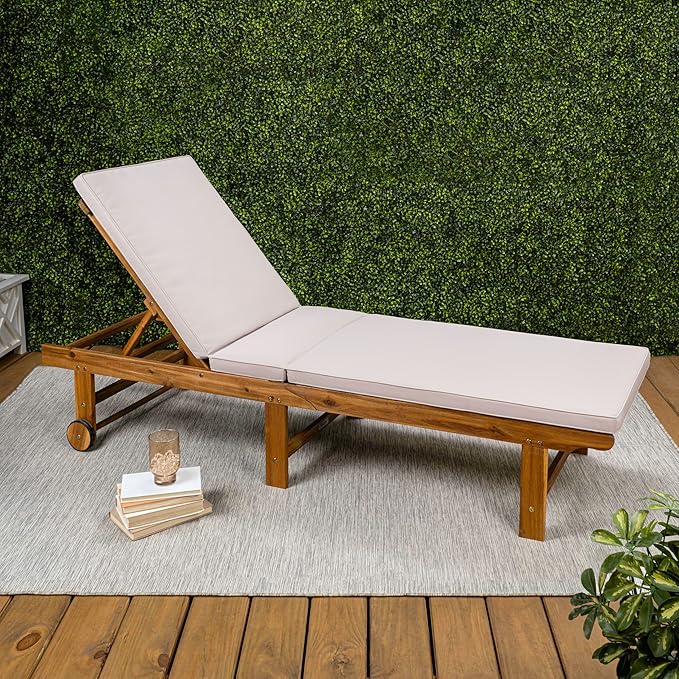 JONATHAN Y LNG1102A Mallorca 77.17"x23.62" Modern Classic Foldable Adjustable Wood Chaise Outdoor Lounge Chair with Cushion & Wheels, for Pool, Deck, Poolside, Beige/Natural