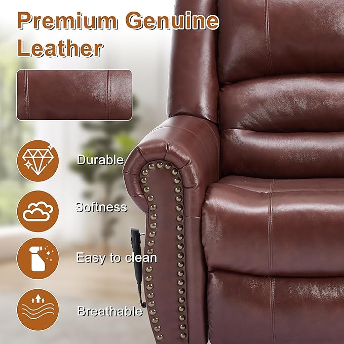 Luxlen Power Lift Recliner Chair for Elderly, Dual Motor Massage Recliner with Lumbar Heat, Heavy Duty Motion Mechanism Lift Chair with Charge Ports, Genuine Leather - Red