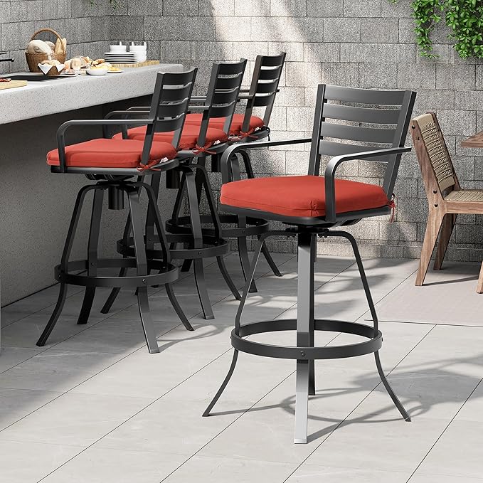Pellebant 29.5" Sunbrella Outdoor Bar Stools Set of 2, Aluminum Swivel Patio Bar Height Bar Stools with Back & Footrest, Rust-Proof High Barstools for Deck Lawn Garden,Red
