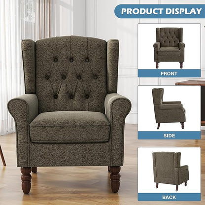 UIXE High Back Accent Chairs Set of 2, Fabric Upholstered Armchair Wingback Arm Club Chair for Living Room, Comfy Single Sofa Bedroom Reading Seat with Solid Wood Legs - Taupe