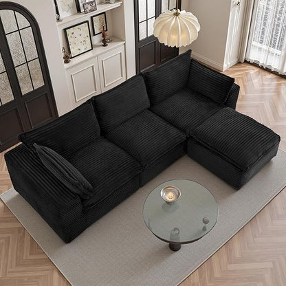108" Sectional Couches for Living Room Boneless Couch Upholstered Cloud Couch Sectional Modular Sectional Sofa with L Shaped (Corduroy-Black, 3 Seat+1 Ottoman)