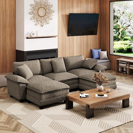 123-Inch U Shaped Sectional Sofa with Cloud Cushions, Deep Seat Modular Couch Set w/ 5 Seats & 2 Ottomans, Removable Arms, Plush Chenille Upholstery for Living Room, Apartment - Smoky Gray