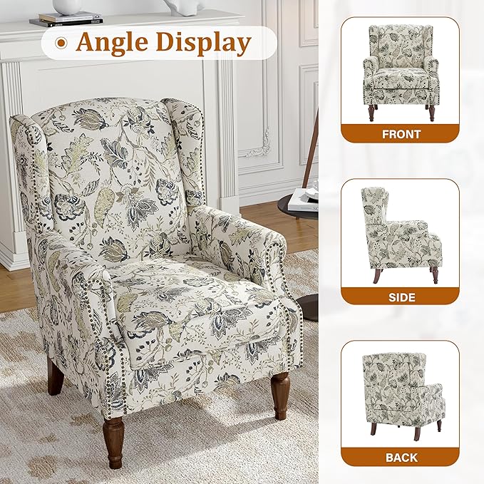 Floral Wingback Accent Chair, High Back Upholstered Armchair, Comfy Fabric Wingback Arms Chairs with Retro Solid Wood Legs, Single Sofa Reading Chair for Bedroom Living Room, Plants Beige