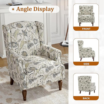 Floral Wingback Accent Chair, High Back Upholstered Armchair, Comfy Fabric Wingback Arms Chairs with Retro Solid Wood Legs, Single Sofa Reading Chair for Bedroom Living Room, Plants Beige