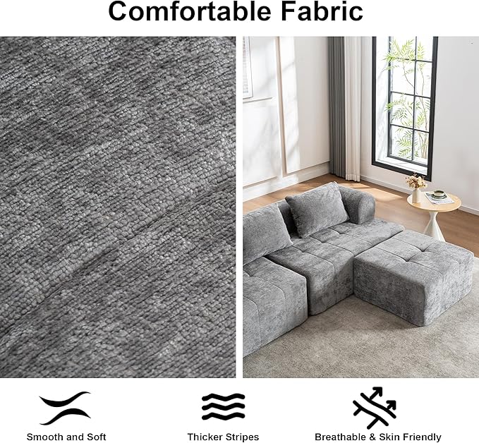 95" Modern Cloud Sectional Sofa Couch, Modular L-Shaped Sofas with Deep Seat and Chaise Ottoman, Chenille Boneless Tufted Couches for Living Room, No Assembly Required, Grey